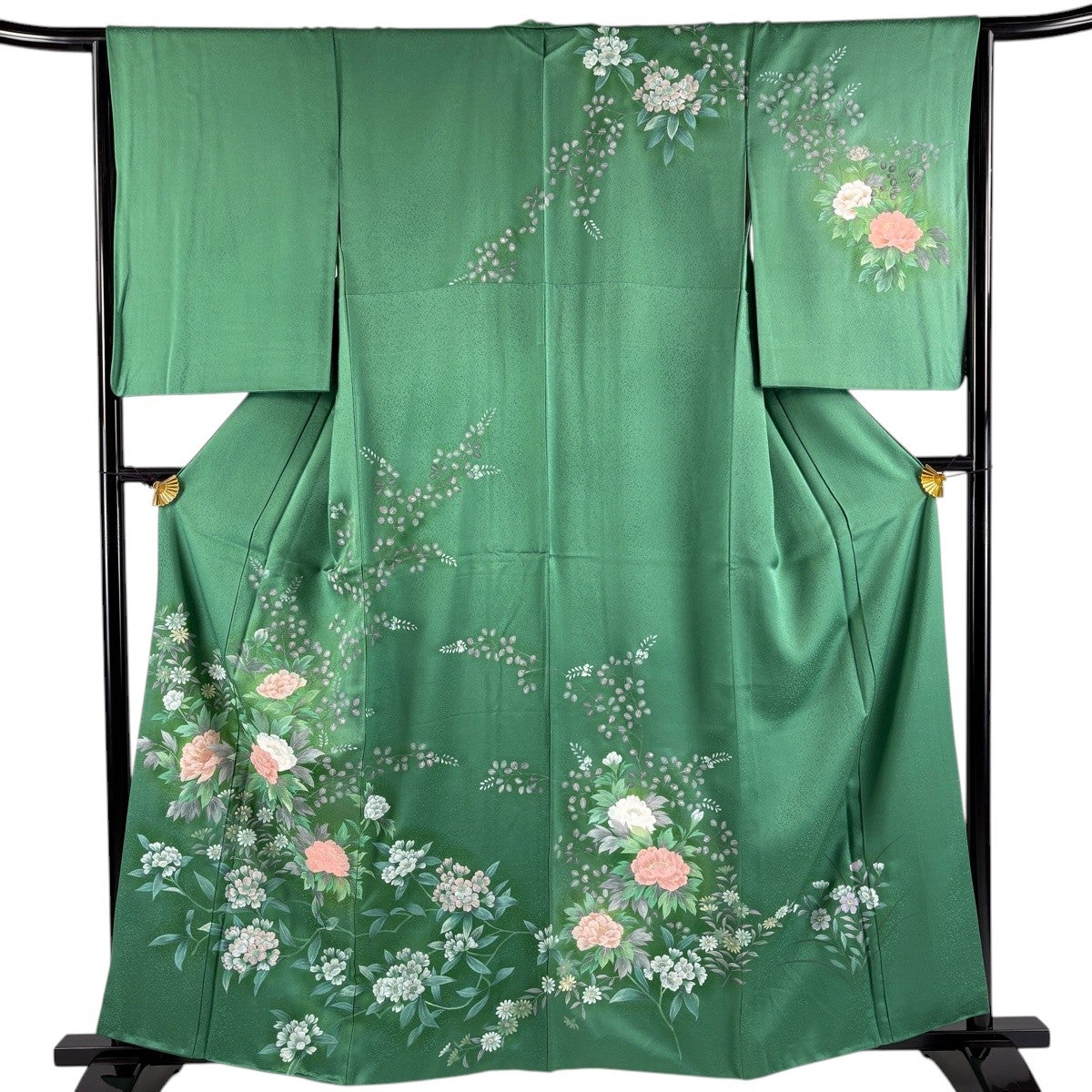 訪問着 身丈161cm 裄丈65cm 袷 草花 雪芝 絞り 金彩 薄緑 正絹 訪問着 身丈161.5cm 裄丈65.5cm M 袷 枝花 霞 金通し 黄緑色 正絹 優品