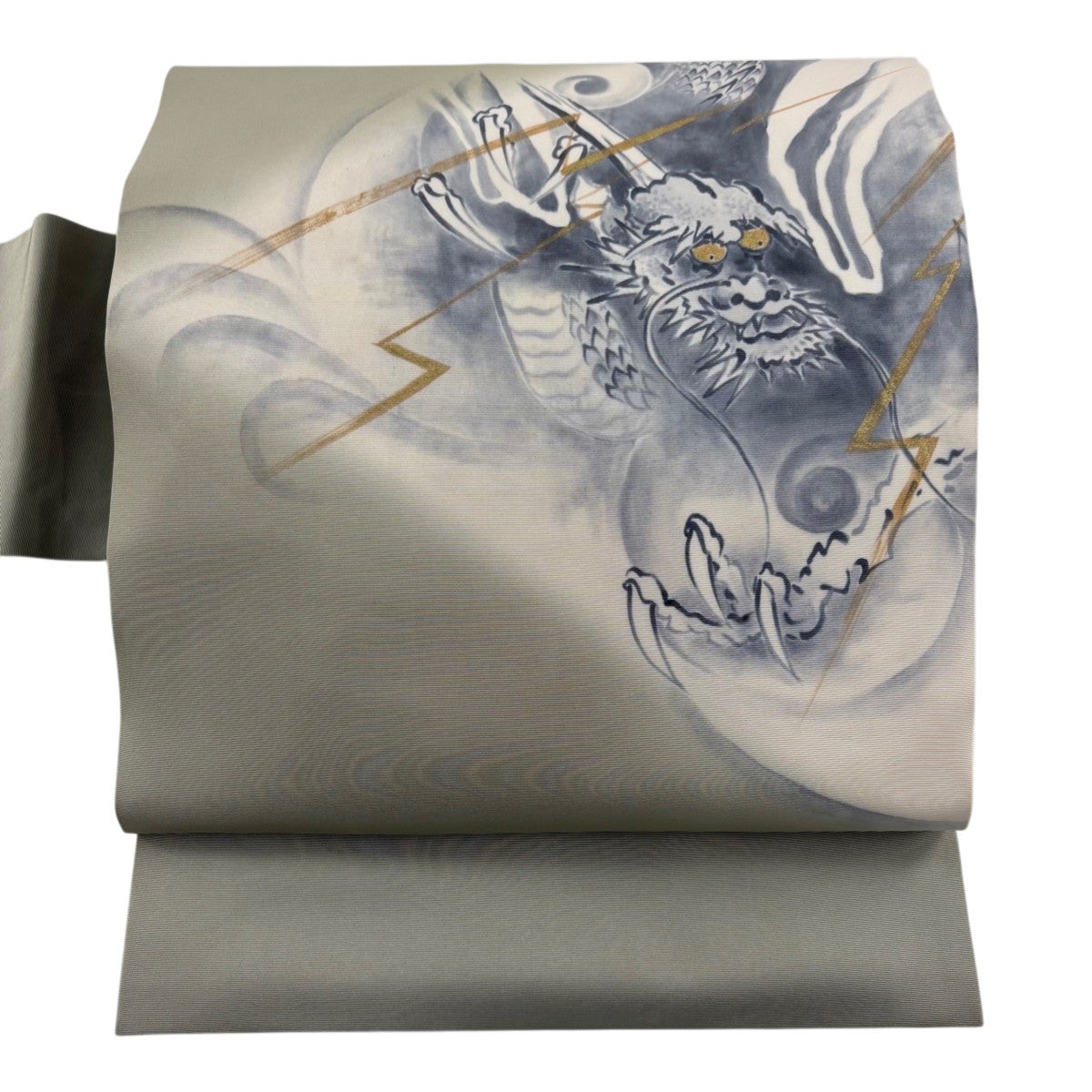 名古屋帯 逸品 龍 雷 金彩 灰緑 正絹｜中古・古着・リサイクル着物通販