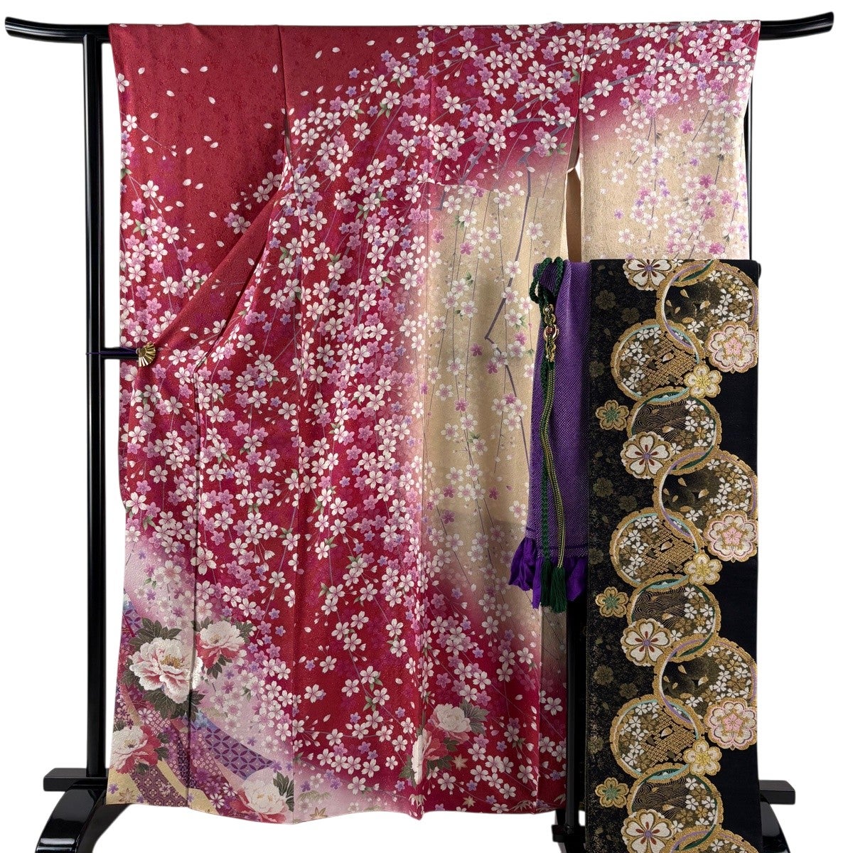 美品】 振袖 身丈163.5cm 裄丈65cm M 袷 袋帯フルセット 枝垂れ桜 牡丹