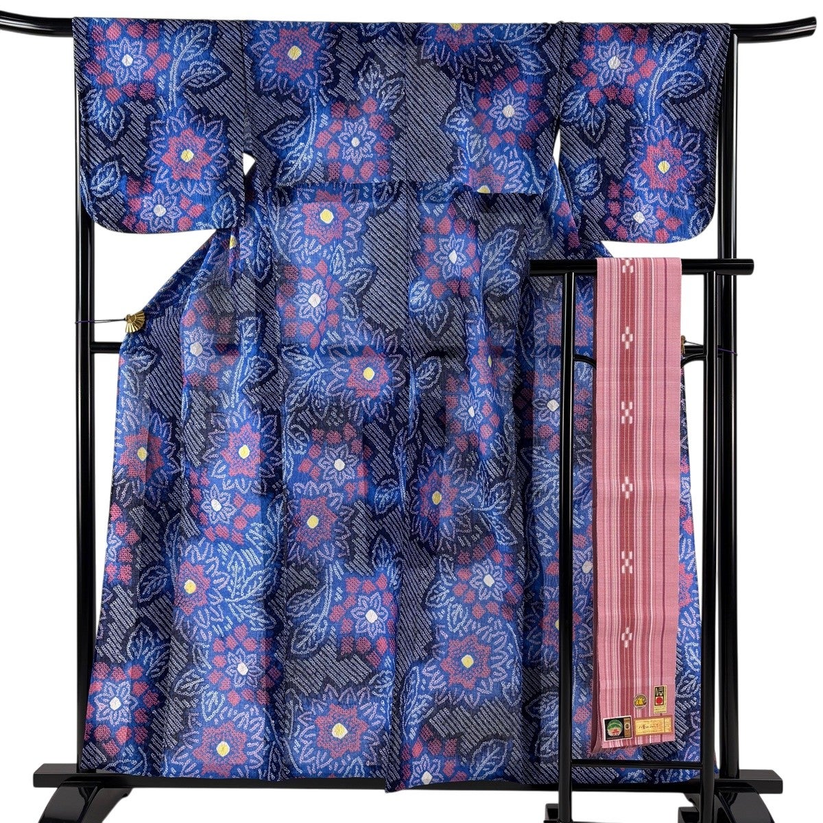 浴衣 身丈160cm 裄丈65cm M 絞り浴衣 花 青 綿 名品｜中古・古着