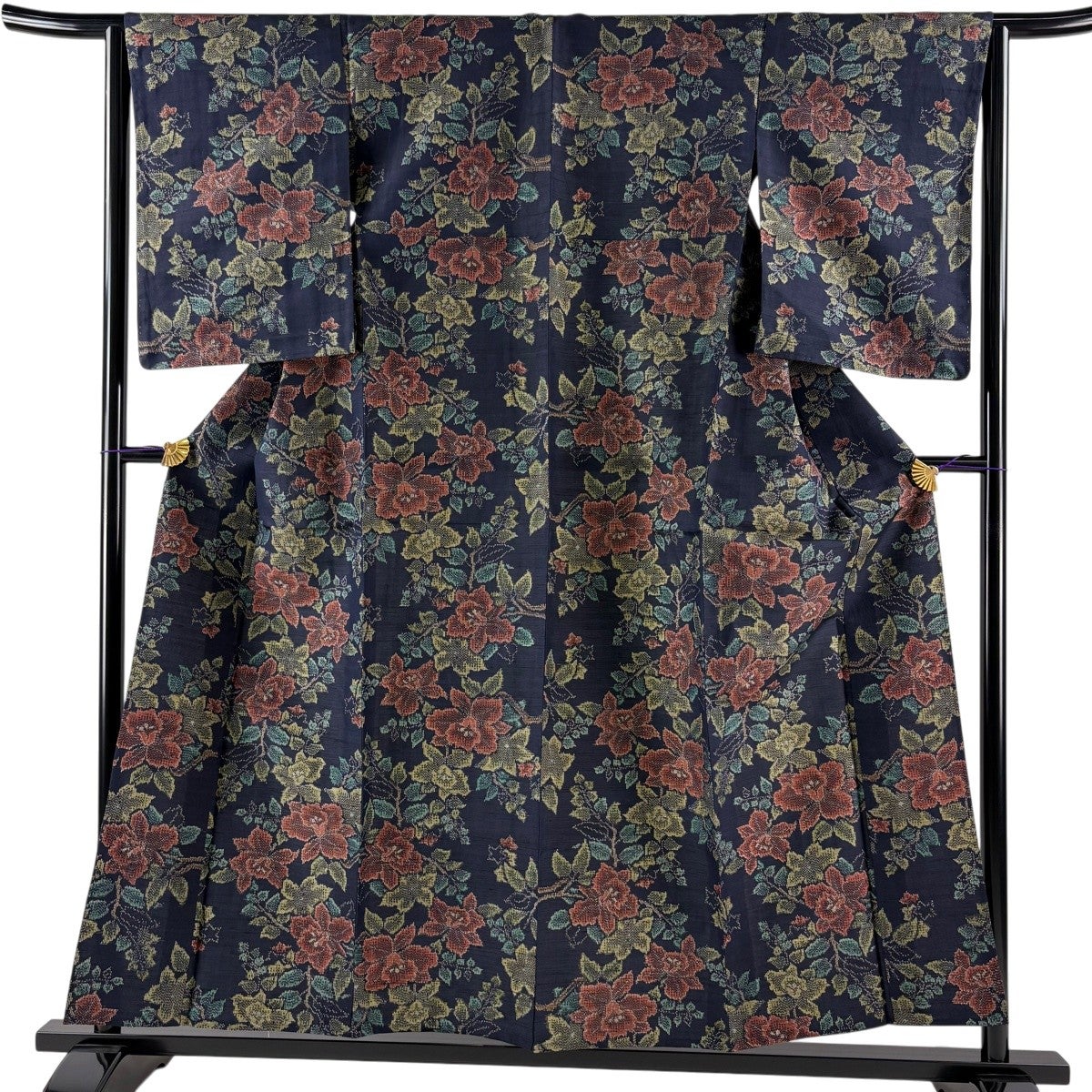 美品】 紬 身丈158cm 裄丈63.5cm S 単衣 絣柄 濃紺 正絹 名品｜中古
