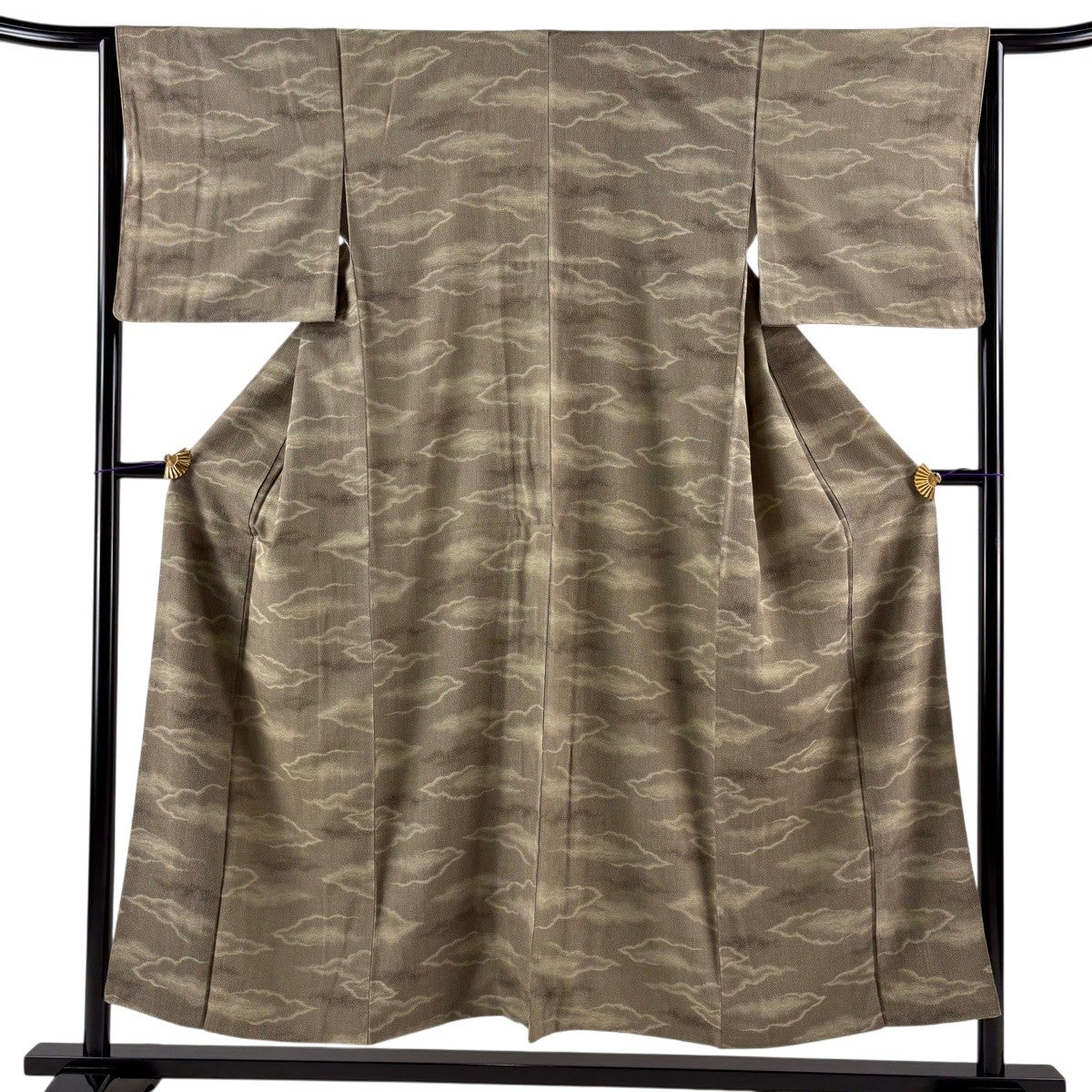 小紋 身丈166.5cm 裄丈66cm M 袷 よろけ縞 茶緑色 正絹 秀品｜中古