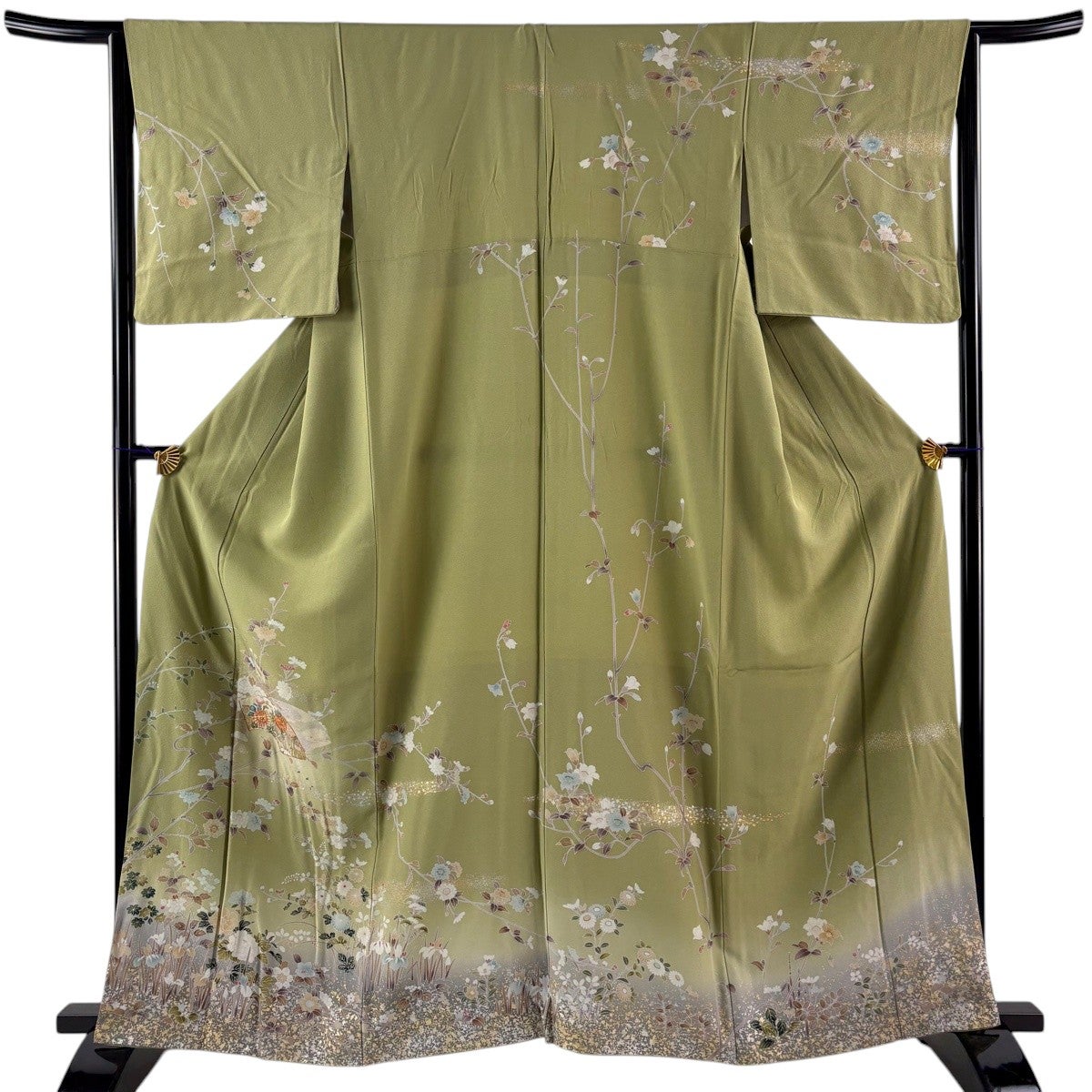 訪問着 身丈161cm 裄丈65cm 袷 草花 雪芝 絞り 金彩 薄緑 正絹 訪問着 身丈160.5cm 裄丈65cm M 袷 扇面 草花 刺繍 金銀彩 灰色 正絹