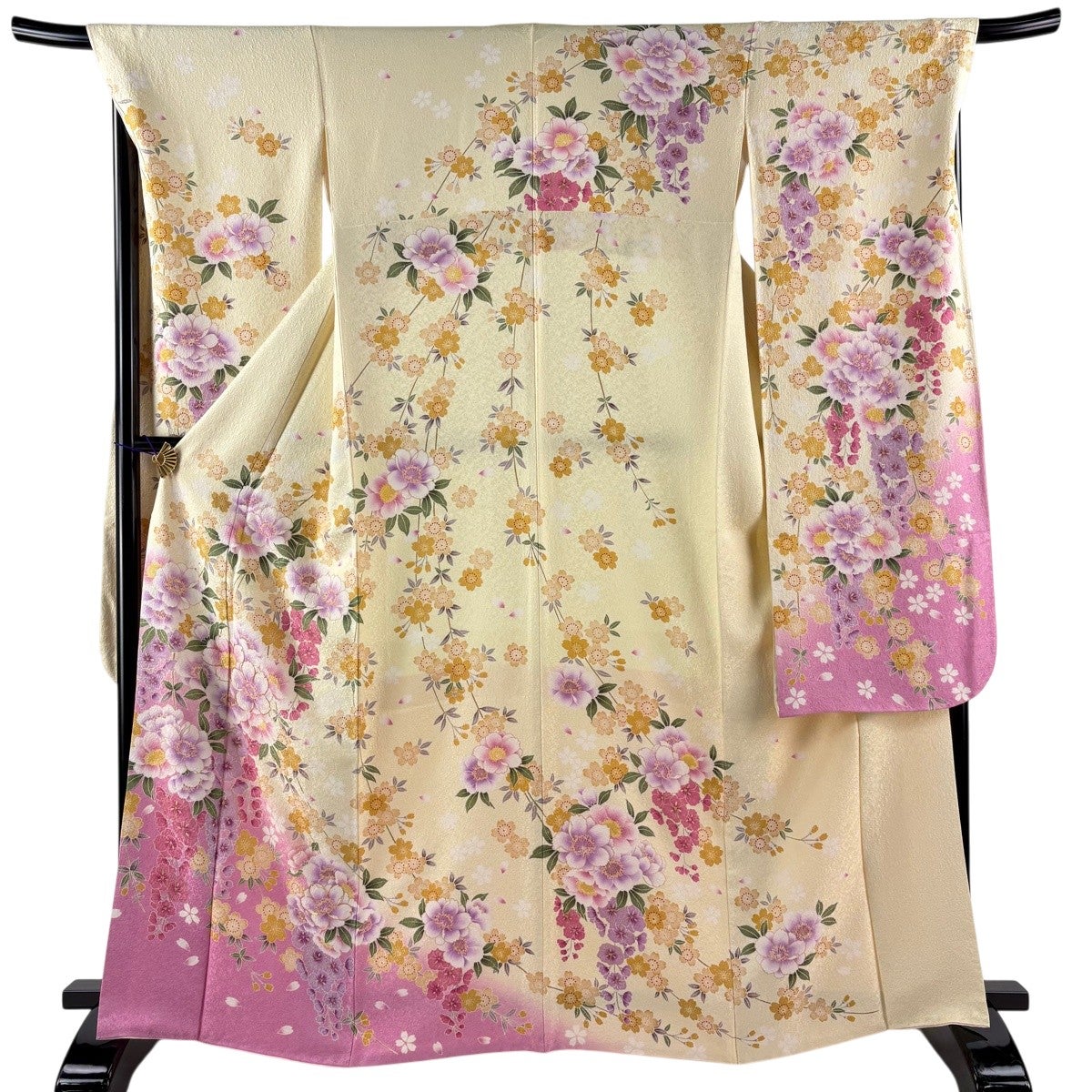 振袖 身丈166cm 裄丈69cm L 袷 枝垂れ桜 草花 銀通し 金糸 薄黄 正絹