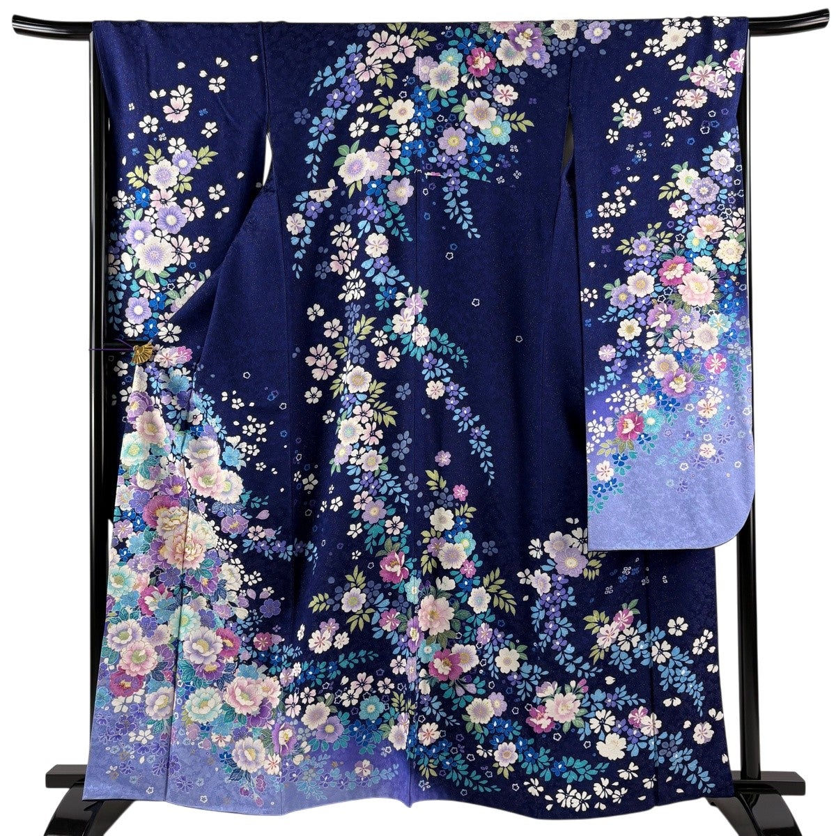 振袖単品✨紺色　枝垂れ桜　銀通し地　（身丈155cm〜165cmの方おすすめ） 振袖 身丈155.5cm 裄丈65cm M 袷 枝垂れ桜 流水 金銀彩 染め分け 茜色