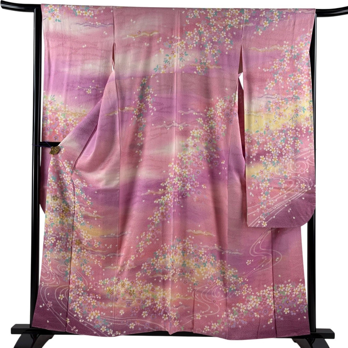 美品】 振袖 身丈158.5cm 裄丈65cm M 袷 桜 流水 銀通し 箔 ピンク