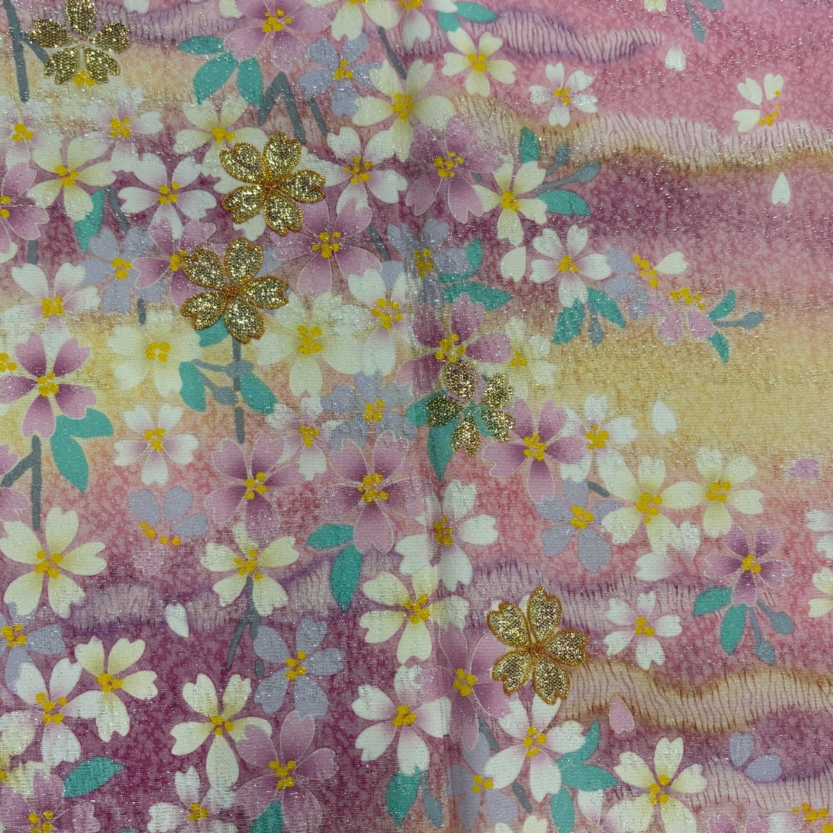 美品】 振袖 身丈158.5cm 裄丈65cm M 袷 桜 流水 銀通し 箔 ピンク