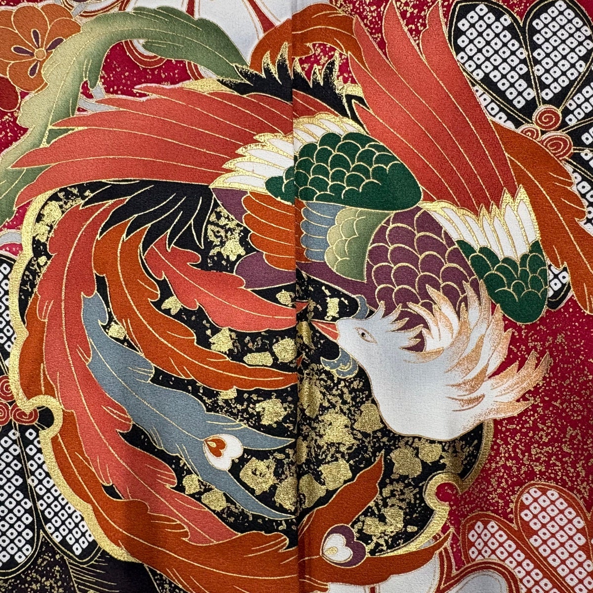 振袖 身丈162cm 裄丈67cm M 袷 鳳凰 菊 金彩 染分け 赤 正絹 秀品