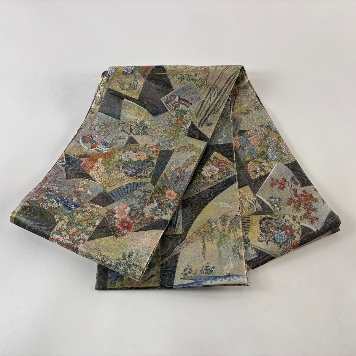 美品】 丸帯 名品 日本絵画全集 プラチナ本金箔壱阡八百口織 草花 色紙