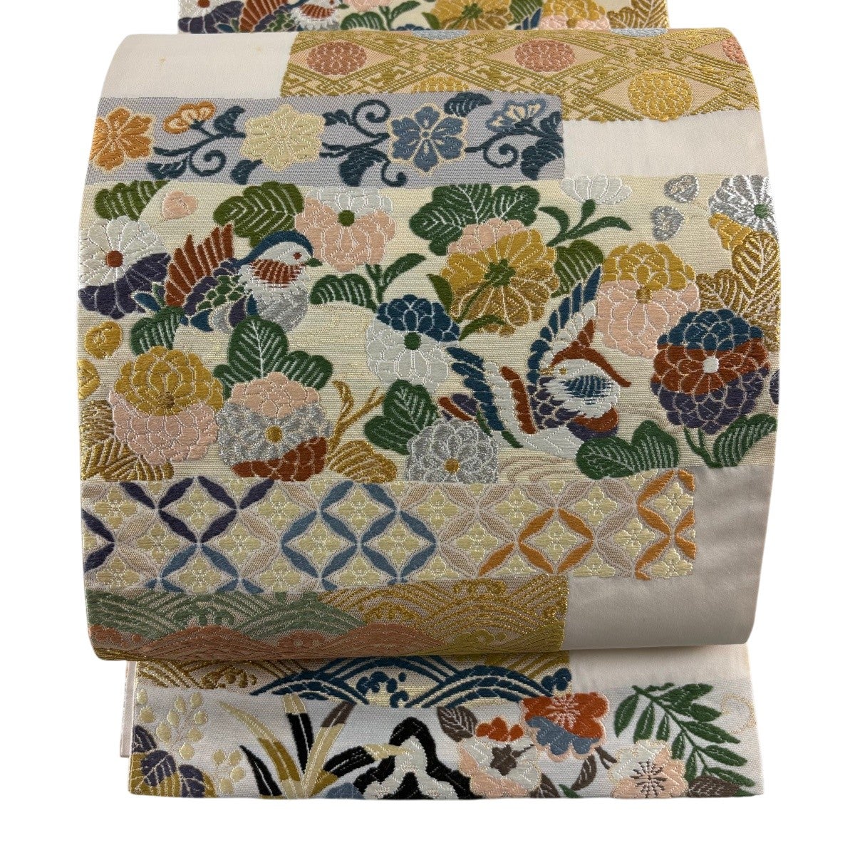 美品】 袋帯 名品 御印華文 皇 七宝華文 唐織 箔 ピンクベージュ 六通 