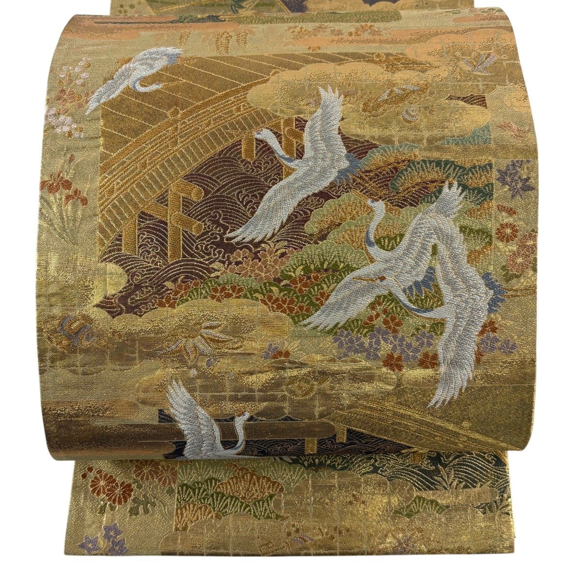 袋帯 箔 お太鼓柄 秀品 雲文 金糸 美品 正絹 金色 草花 中古 正絹