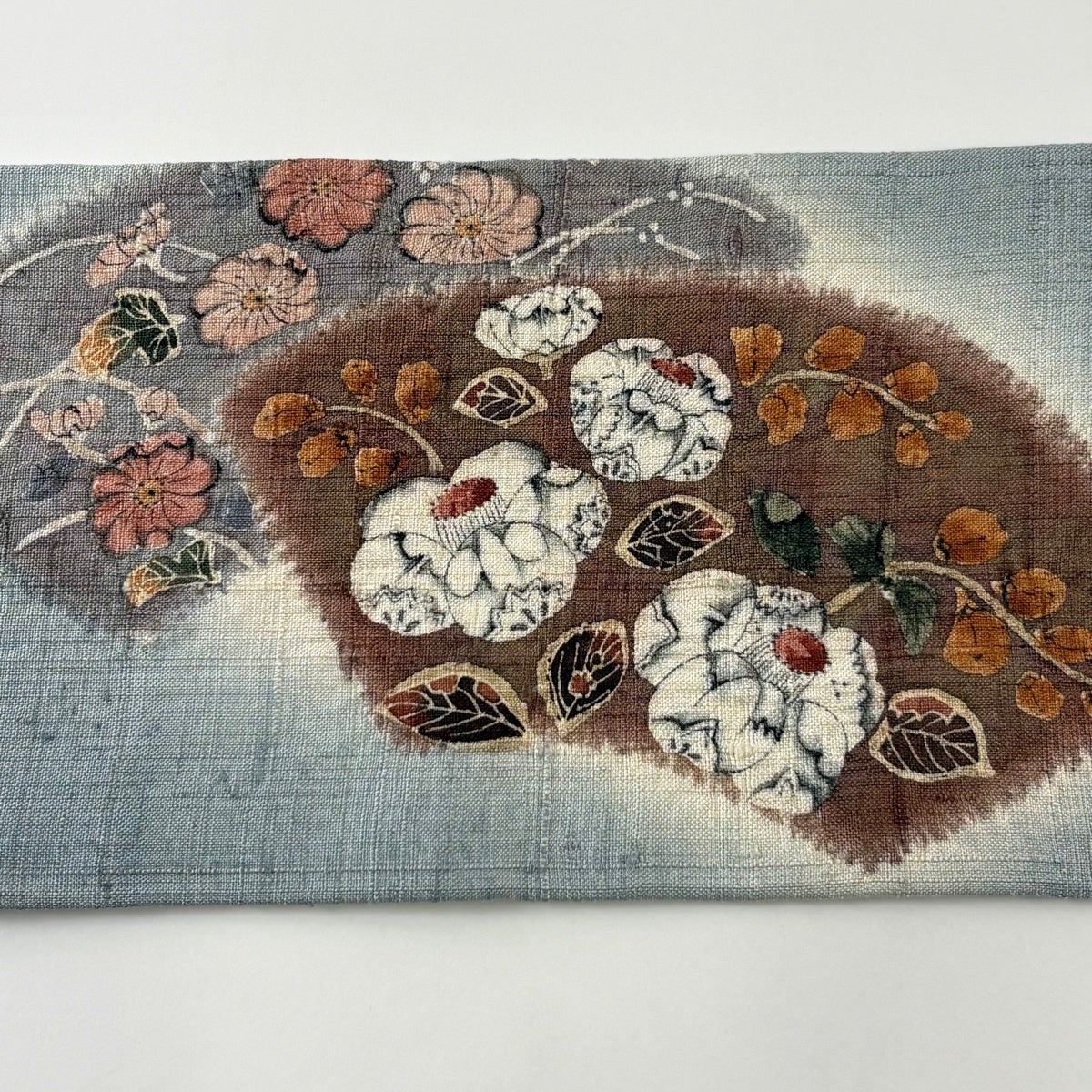 名古屋帯 名品 紬地 扇面 草花 絞り ぼかし 青灰色 正絹｜中古・古着