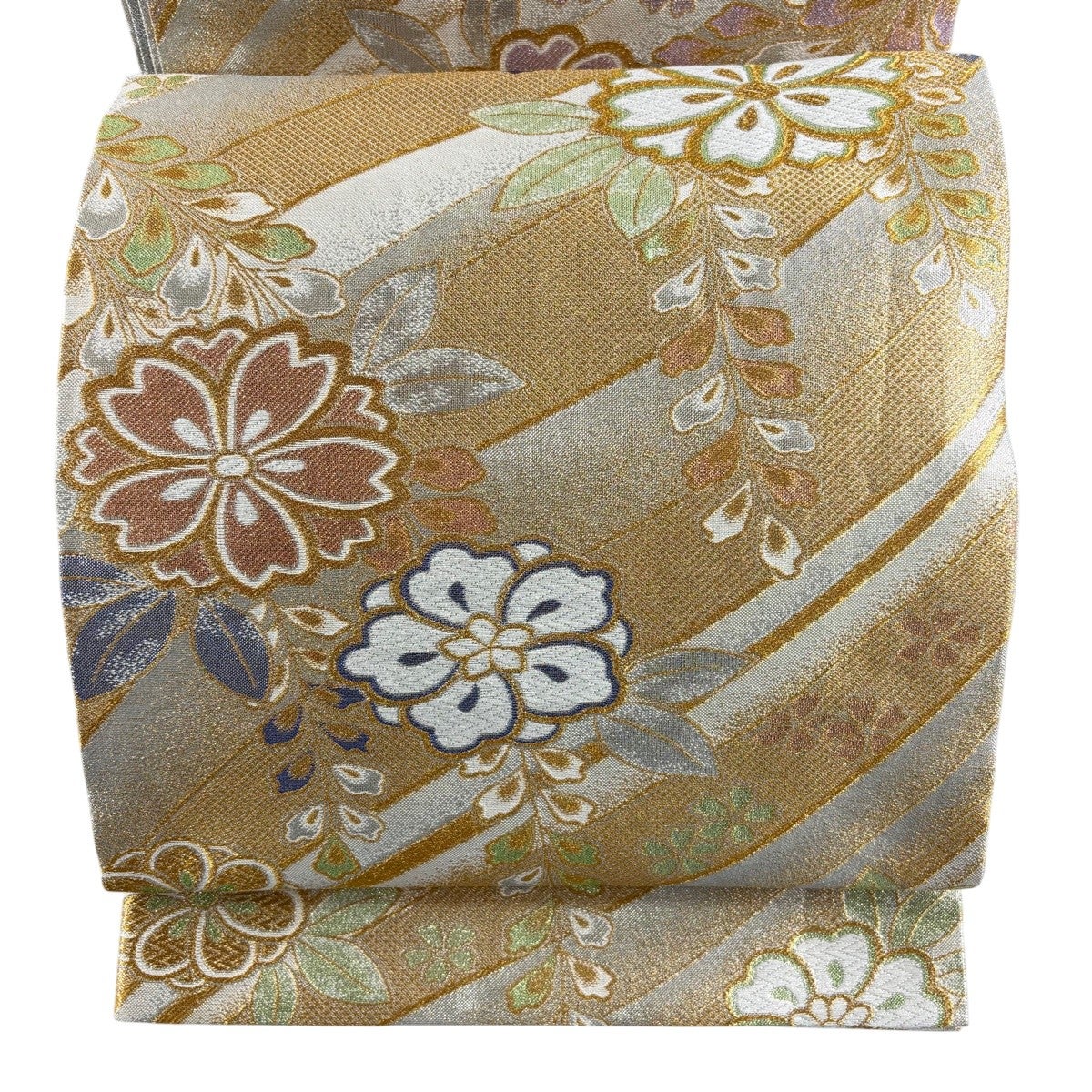 袋帯 秀品 振袖向き 桜 幾何学模様 金銀糸 箔 銀色 六通 正絹｜中古