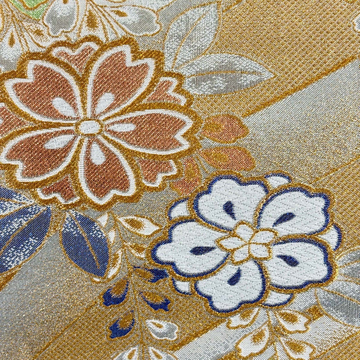 袋帯 秀品 振袖向き 桜 幾何学模様 金銀糸 箔 銀色 六通 正絹｜中古