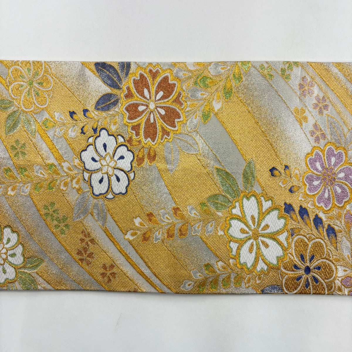 袋帯 秀品 振袖向き 桜 幾何学模様 金銀糸 箔 銀色 六通 正絹｜中古