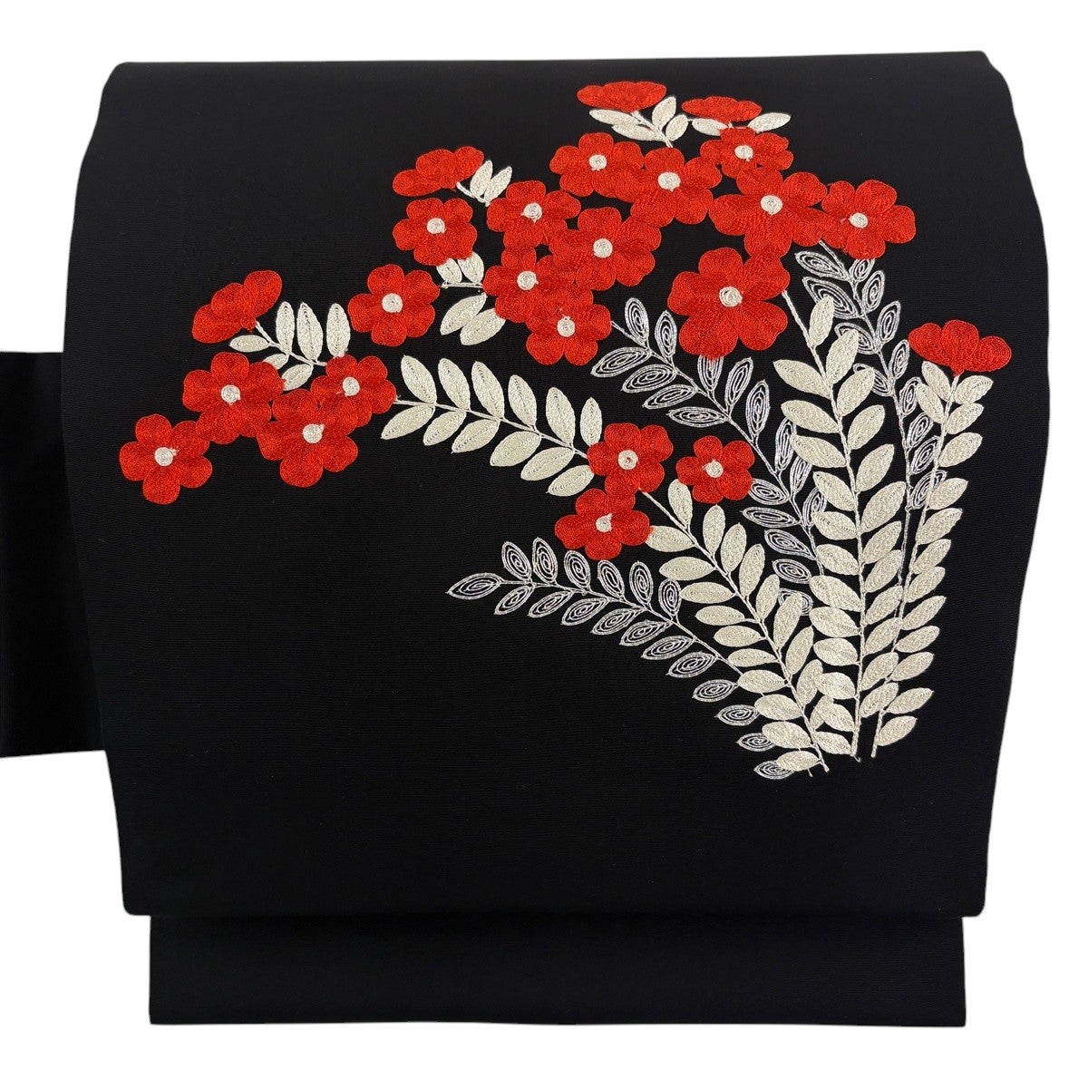 正絹名古屋帯 黒地縮緬 花柄刺繍　未使用　360cm 名古屋帯 優品 草花 刺繍 銀糸 黒 正絹｜中古・古着・リサイクル着物