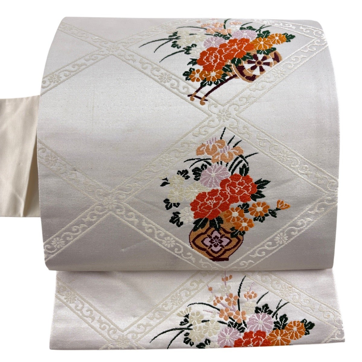 名古屋帯 優品 花器 花車 唐織 箔 銀色 正絹｜中古・古着・リサイクル