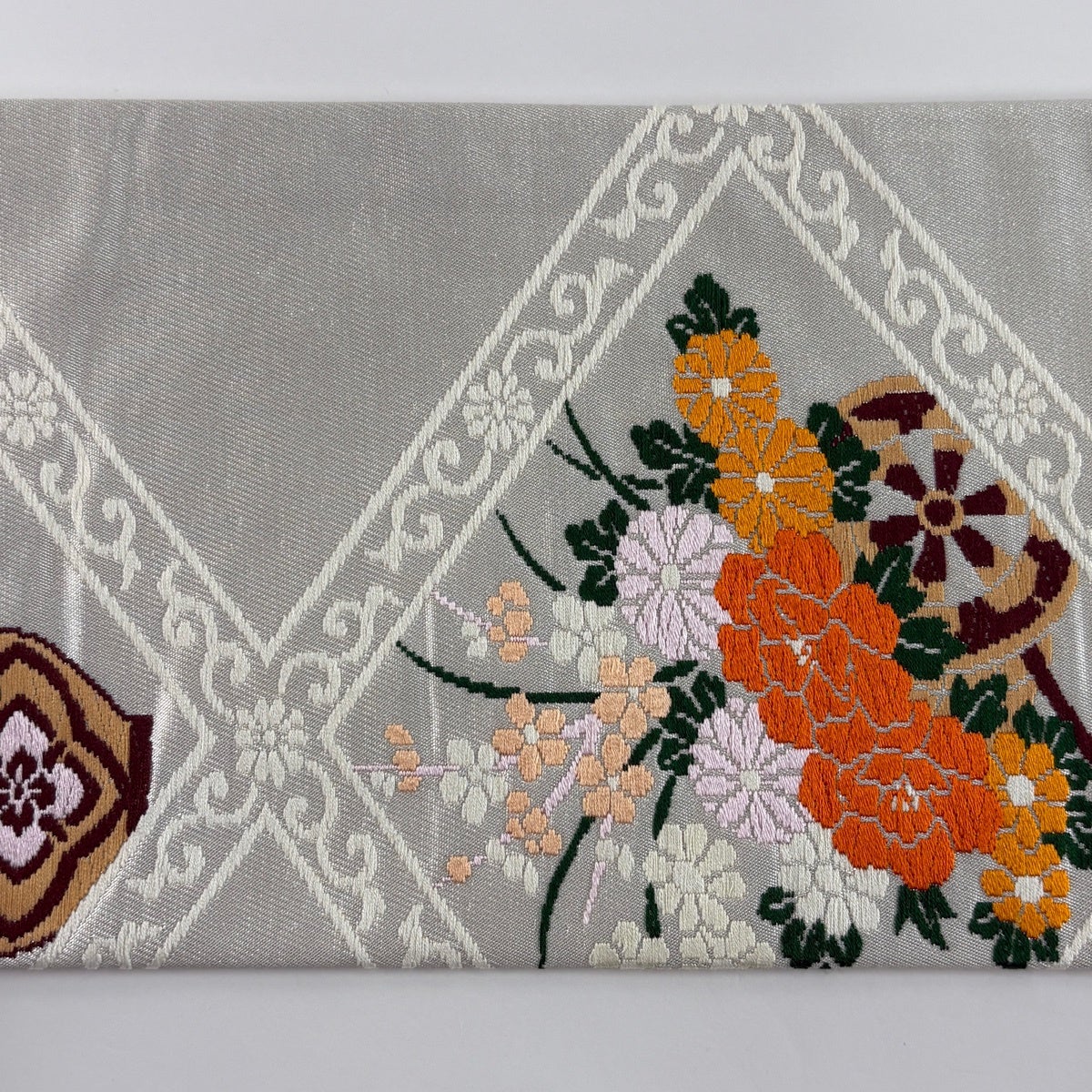 名古屋帯 優品 花器 花車 唐織 箔 銀色 正絹｜中古・古着・リサイクル