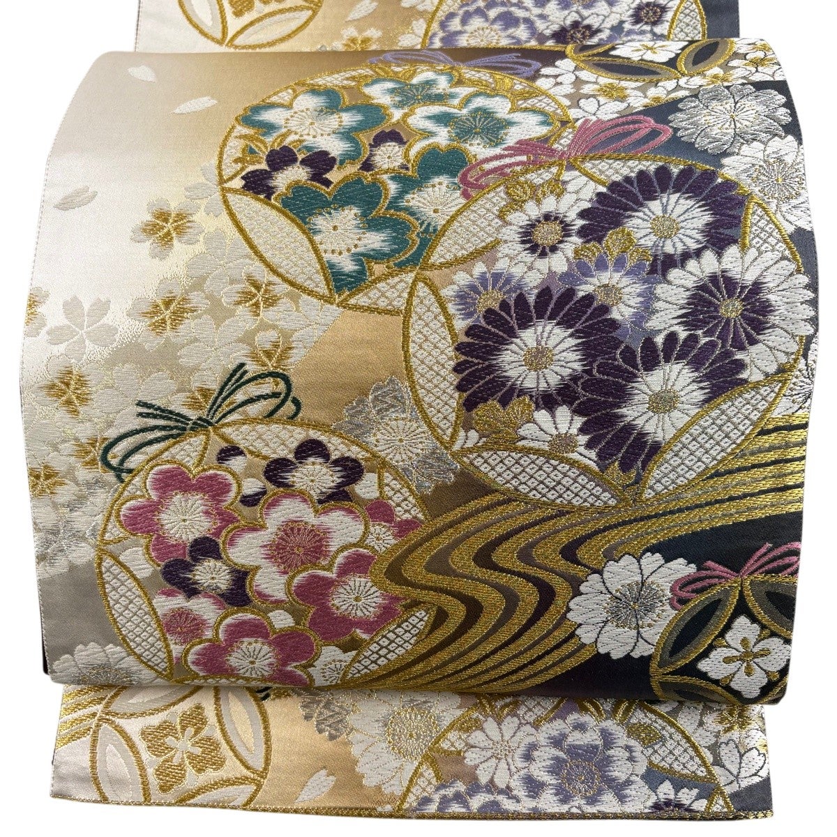 15y21△桜文 袋帯 六通 金糸 ラメ糸△美品 袋帯 振袖用