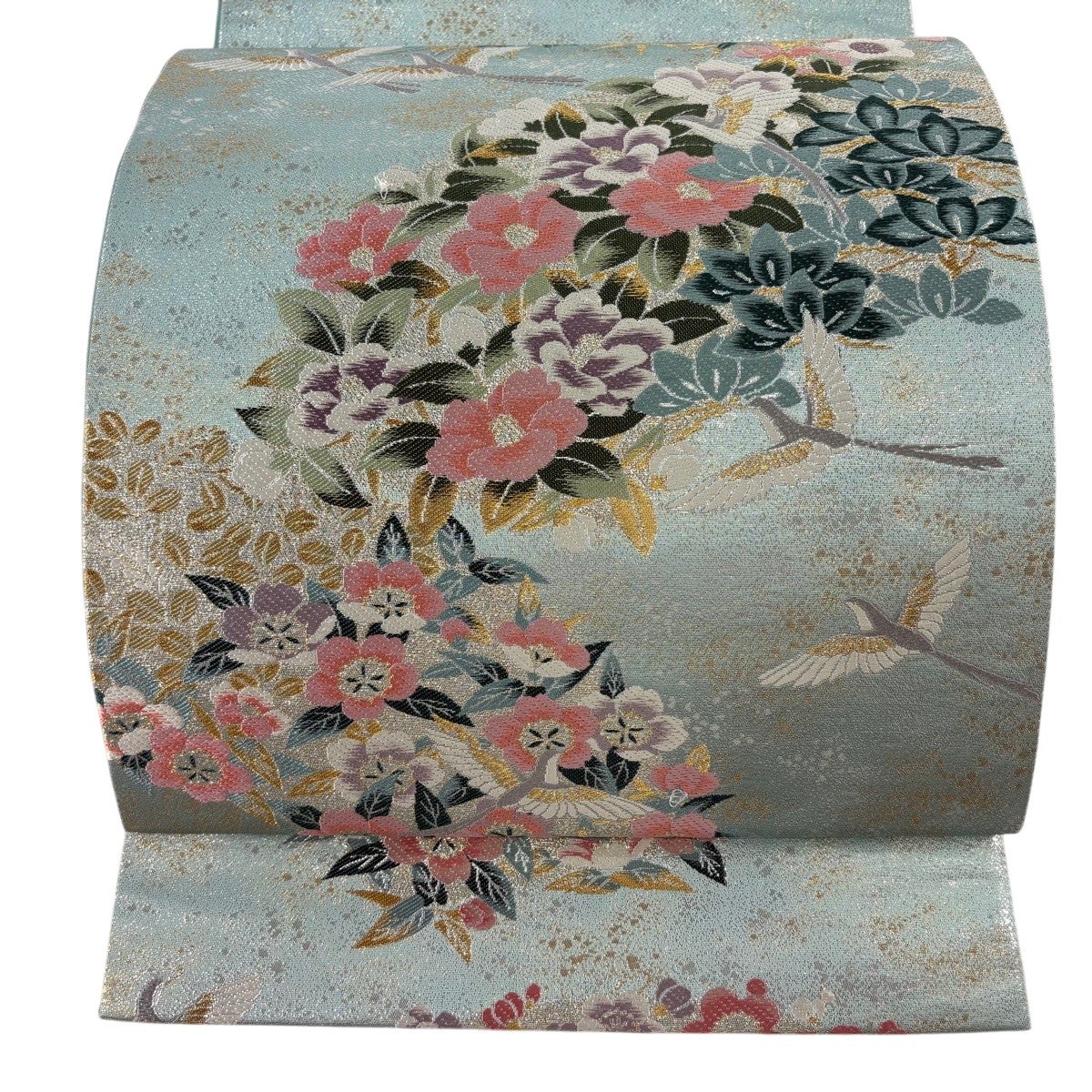 美品】 袋帯 秀品 向かい鳥 草花 金銀彩 金色 お太鼓柄 正絹｜中古