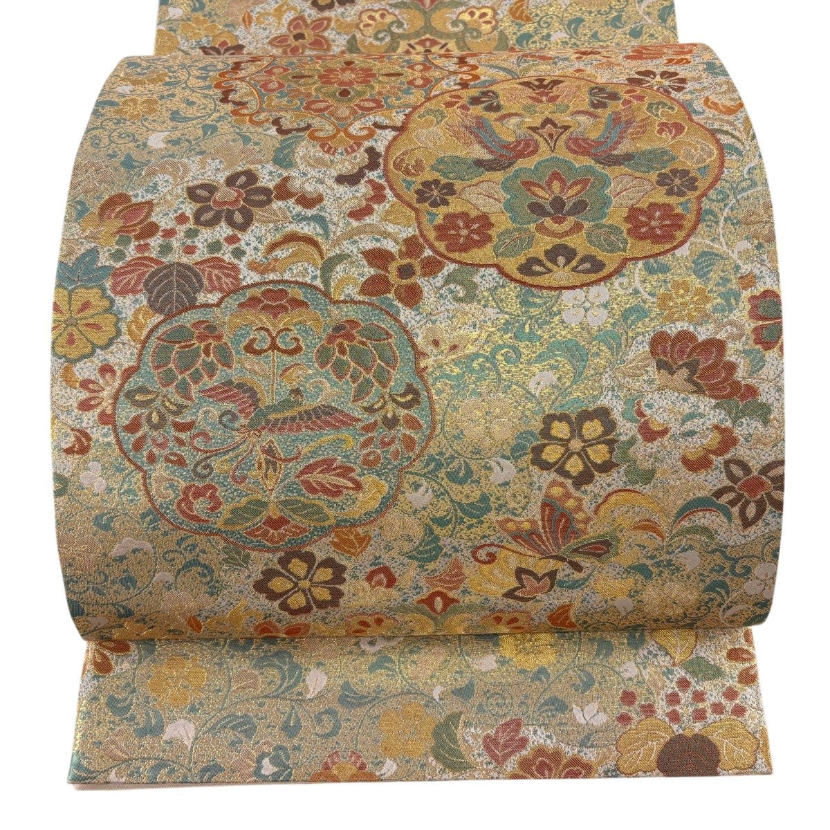 袋帯 名品 向かい鳥 華文 金糸 相良刺繍 ピンクベージュ お太鼓柄 正絹