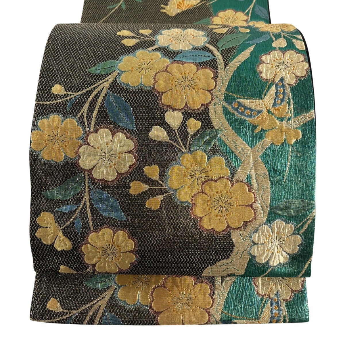 美品】 袋帯 秀品 桜 蝶 金銀糸 箔 緑 六通 正絹｜中古・古着