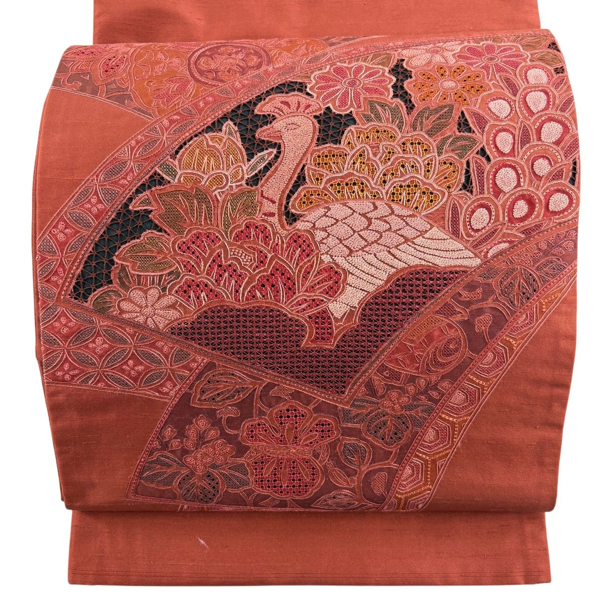 美品】 袋帯 秀品 向かい鳥 草花 金銀糸 刺繍 灰緑 全通 正絹｜中古