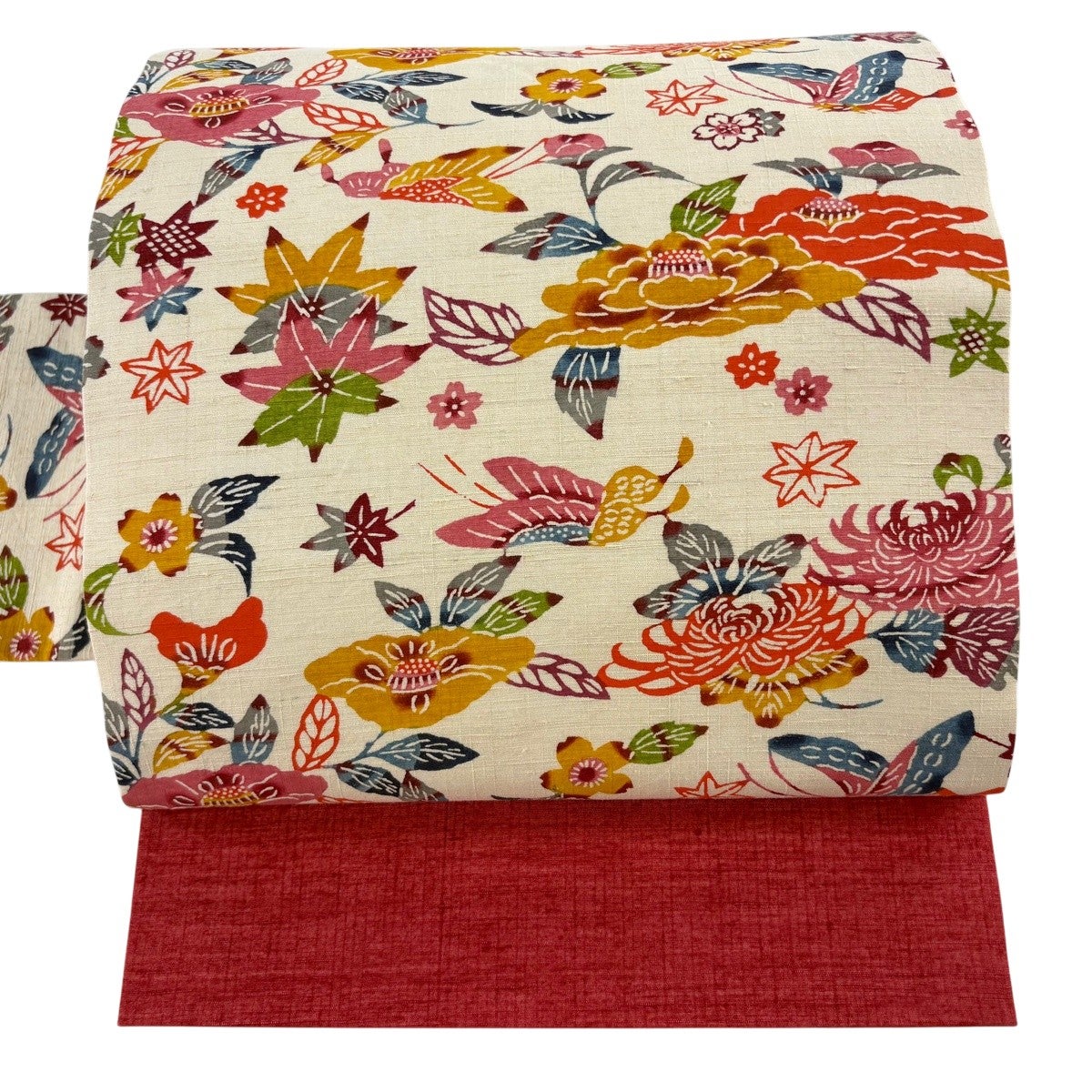 名古屋帯 秀品 落款あり 紬地 草花 蝶 クリーム 正絹｜中古・古着