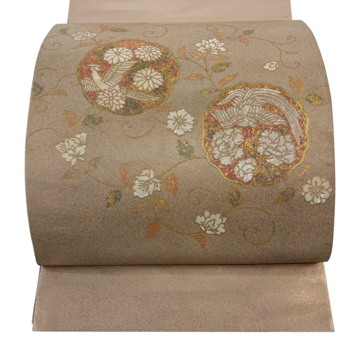 美品】 袋帯 秀品 鳥 花唐草 金彩 箔 ベージュ お太鼓柄 正絹｜中古