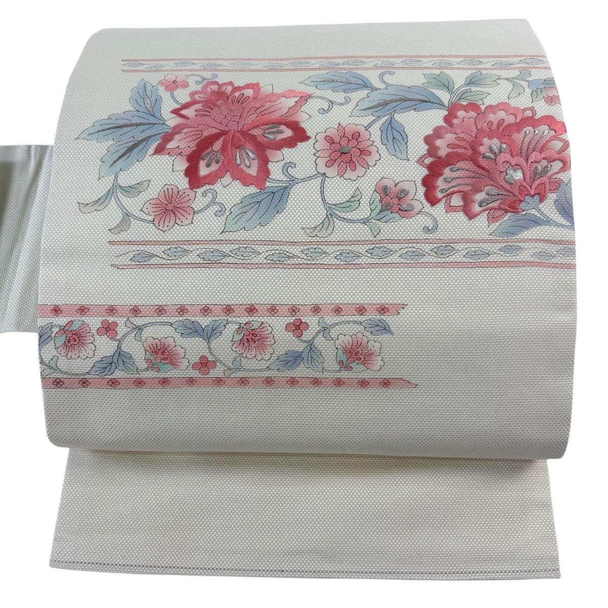 名古屋帯 秀品 関西仕立て 花唐草 刺繍 銀糸 クリーム 正絹｜中古