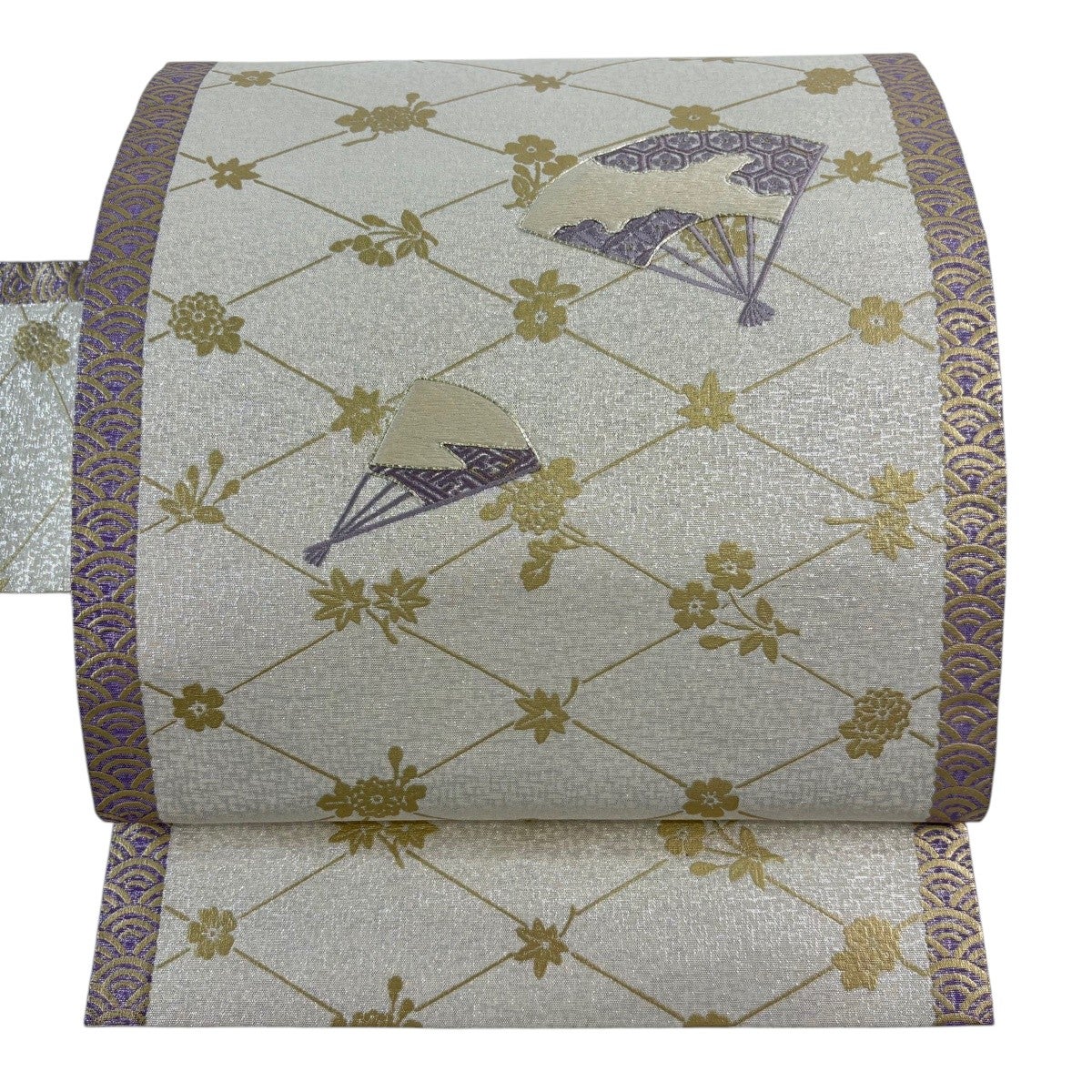 名古屋帯 秀品 扇 草花 刺繍 金彩 灰白 正絹｜中古・古着・リサイクル