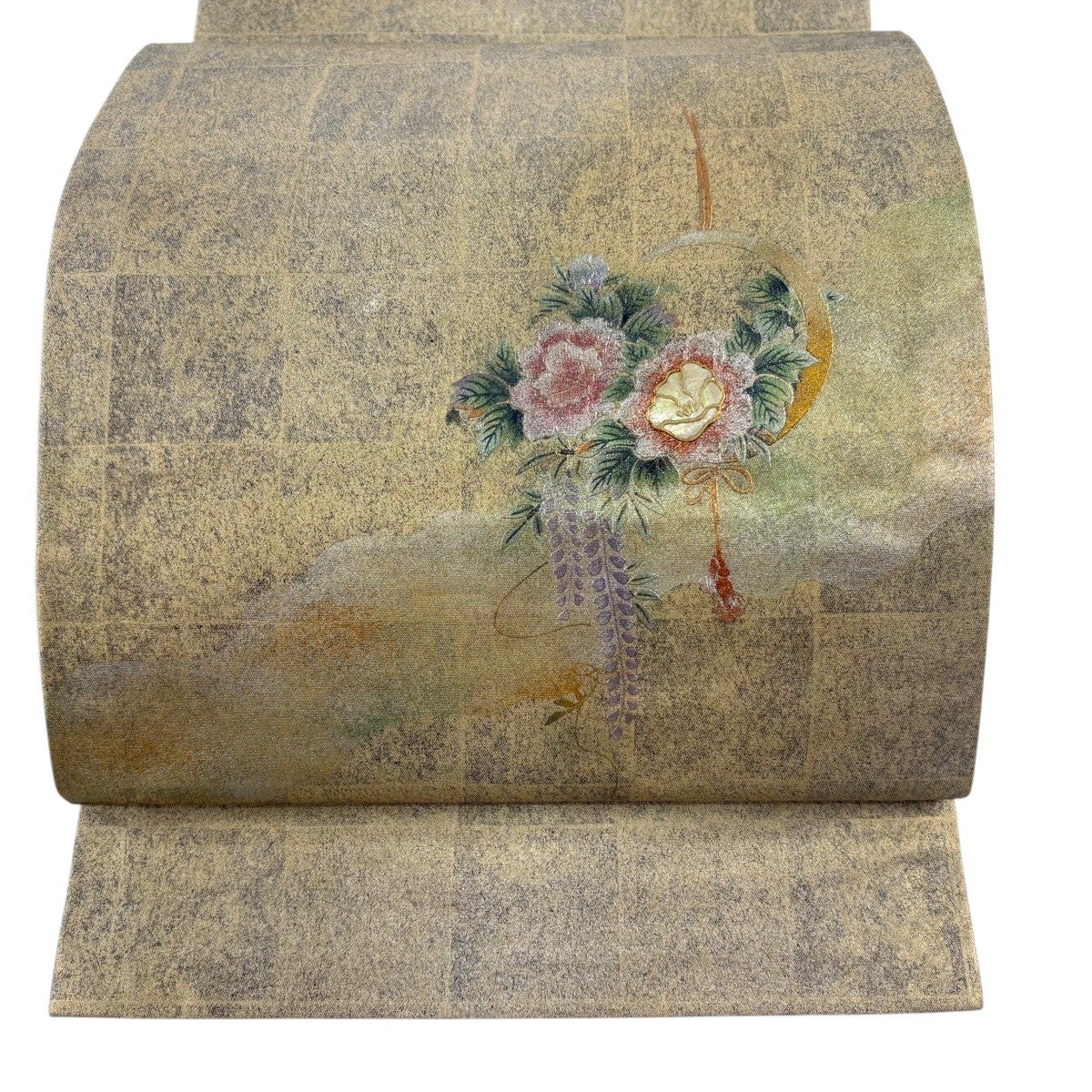 開き名古屋帯 秀品 牡丹 藤 螺鈿 金銀彩 金色 正絹｜中古・古着