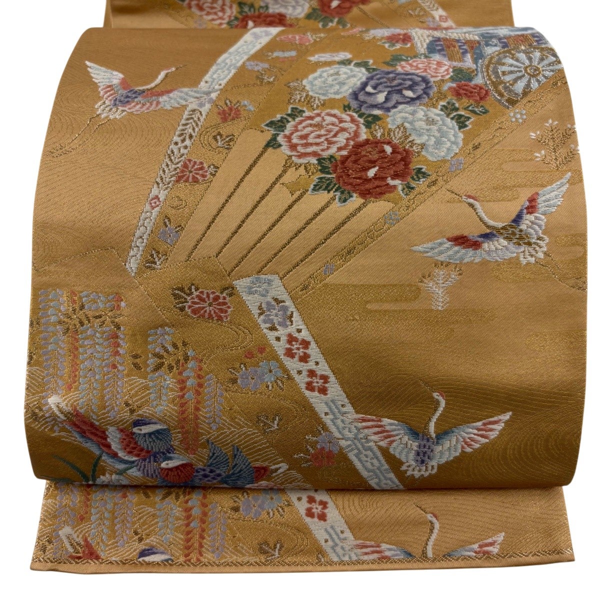 美品】 袋帯 秀品 落款あり 藤三郎 御所車 松竹梅 箔 薄黄土色 六通