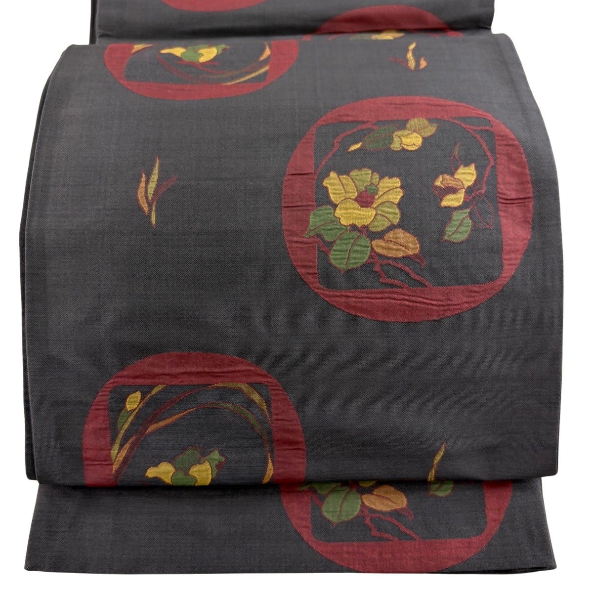 美品】 袋帯 秀品 四季草花文 唐織 箔 赤茶 六通 正絹｜中古・古着