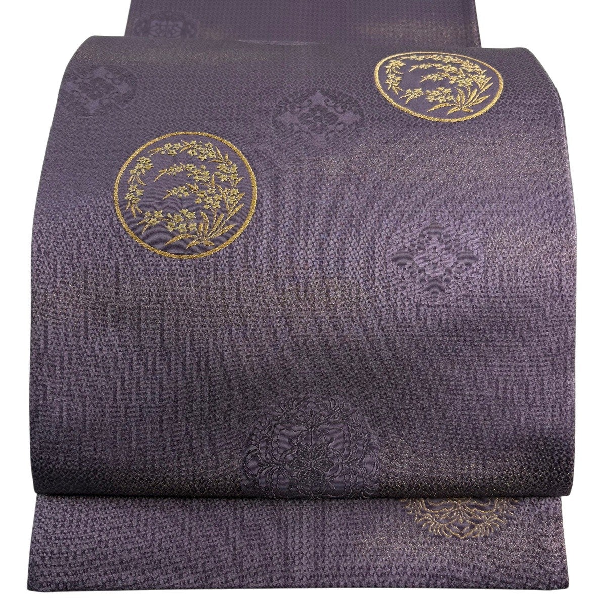 袋帯 秀品 色紙 文字文 金彩 箔 紫 お太鼓柄 正絹｜中古・古着