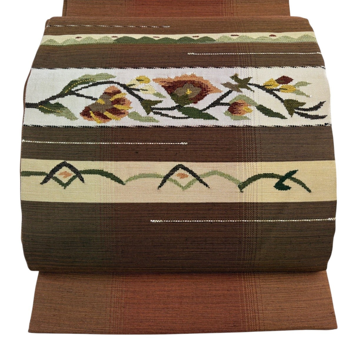 袋帯 秀品 草花 幾何学模様 赤茶 お太鼓柄 正絹｜中古・古着