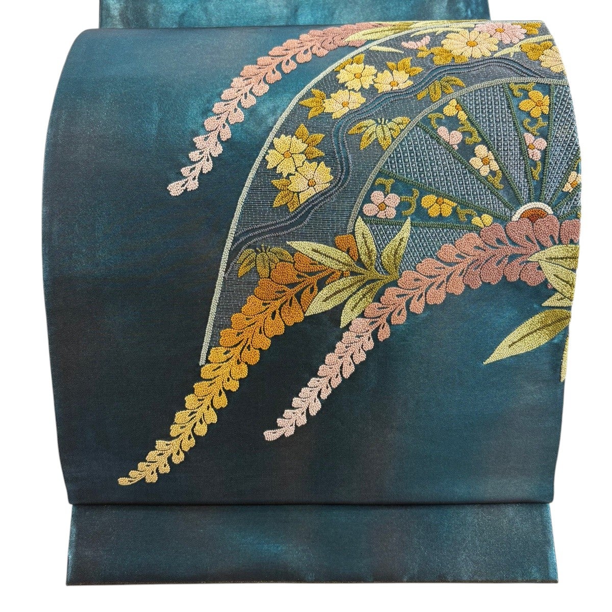 袋帯 秀品 片輪車 草花 相良刺繍 箔 青緑 お太鼓柄 正絹｜中古・古着