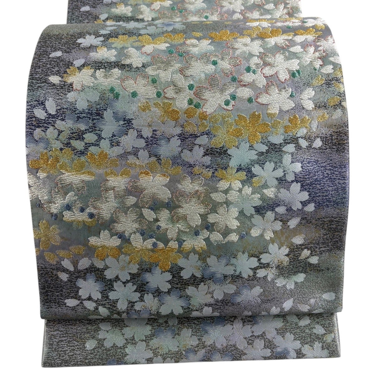 美品】 袋帯 秀品 鈴乃屋 桜 霞 金銀糸 青灰色 六通 正絹｜中古・古着