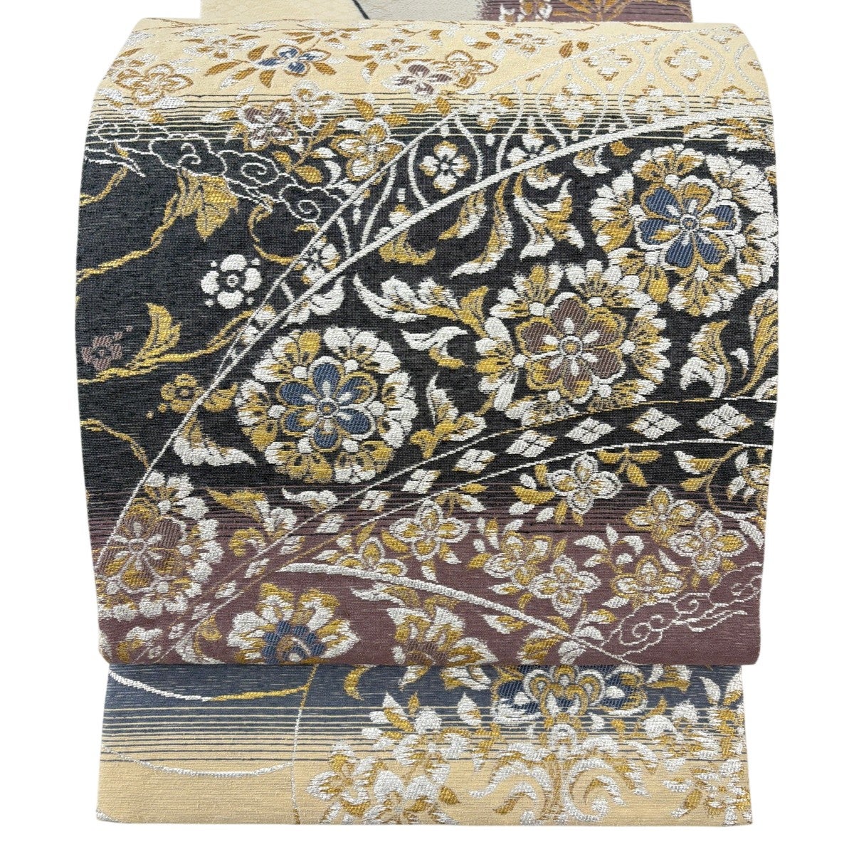 美品】 袋帯 名品 手先二通り 正倉院唐草 吉祥幾何文様 箔 ベージュ 全