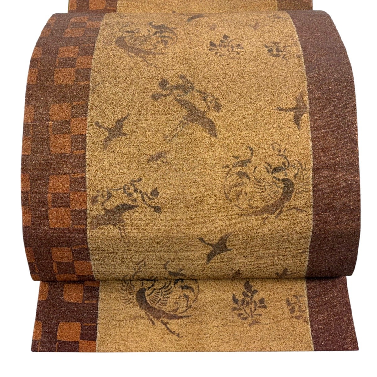 袋帯 逸品 牛首紬地 鳳凰 草花 箔 茶色 全通 正絹｜中古・古着