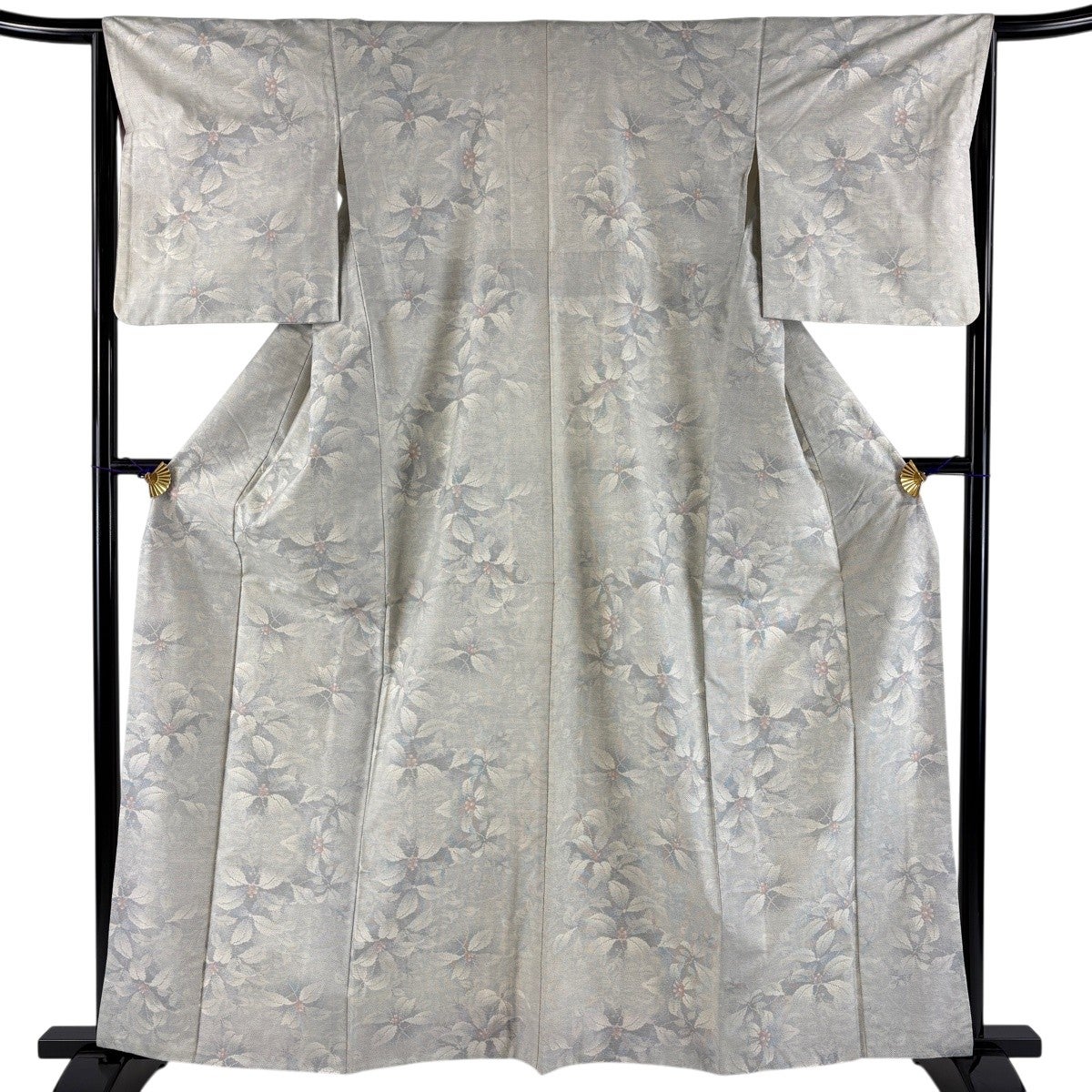 紬 身丈162.5cm 裄丈65cm M 袷 草花 灰白 正絹 秀品｜中古・古着