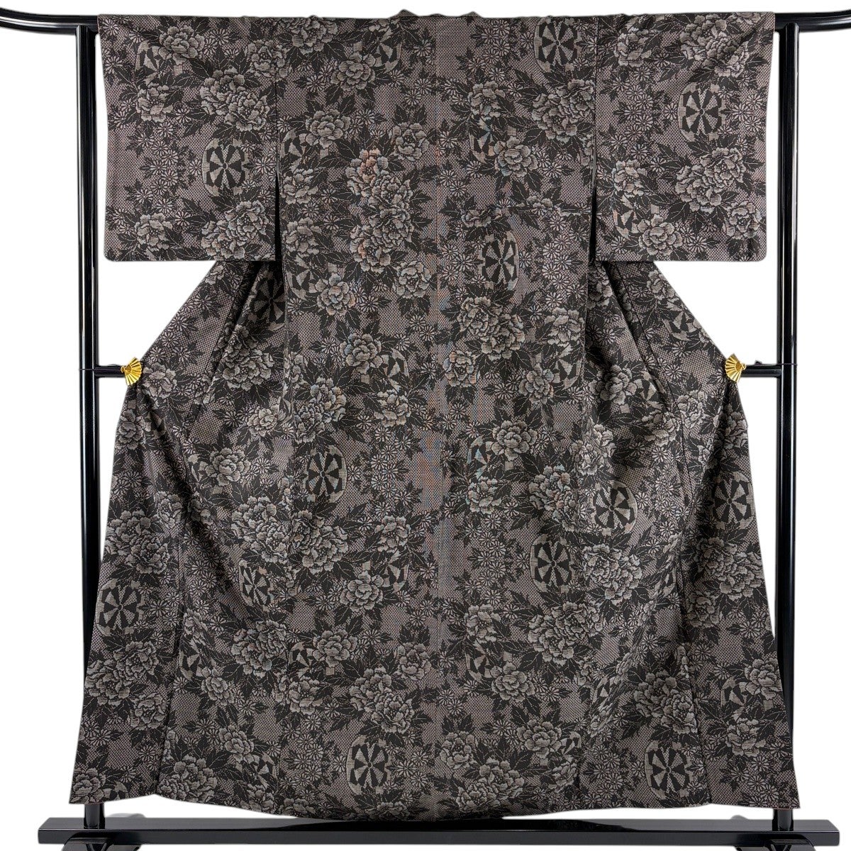 70%OFF 【美品】 小紋 身丈155cm 裄丈62cm S 袷 松竹梅 草花 焦茶色