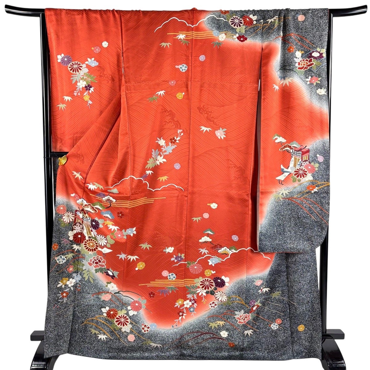 振袖 身丈168.5cm 裄丈68cm L 袷 御所車 松竹梅 金糸 金彩 朱色 正絹