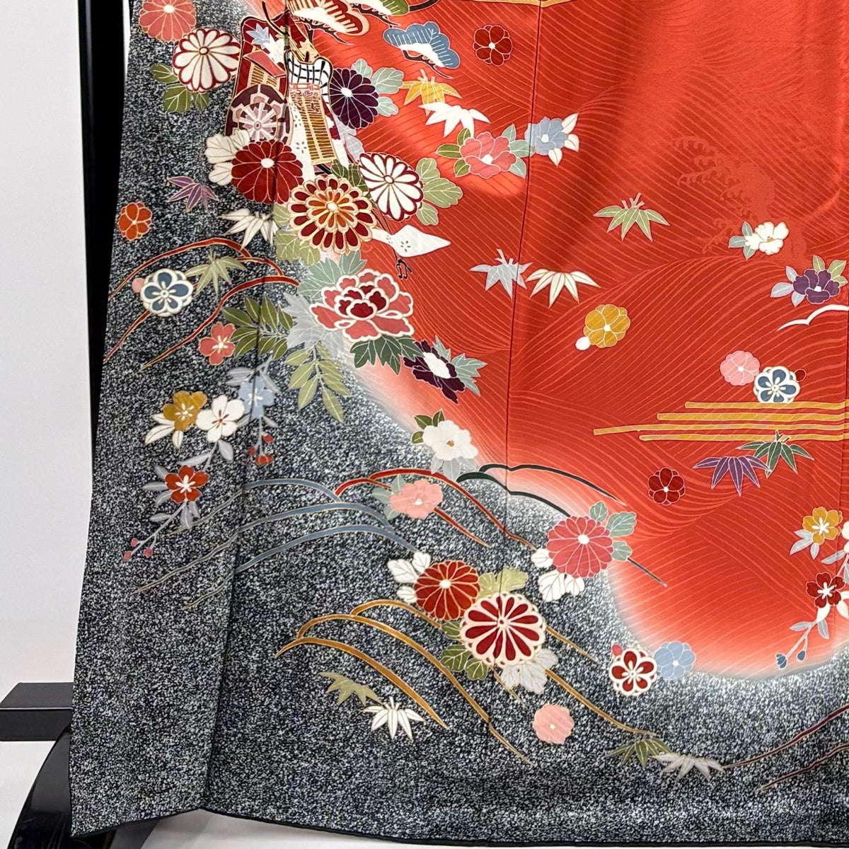 振袖 身丈168.5cm 裄丈68cm L 袷 御所車 松竹梅 金糸 金彩 朱色 正絹