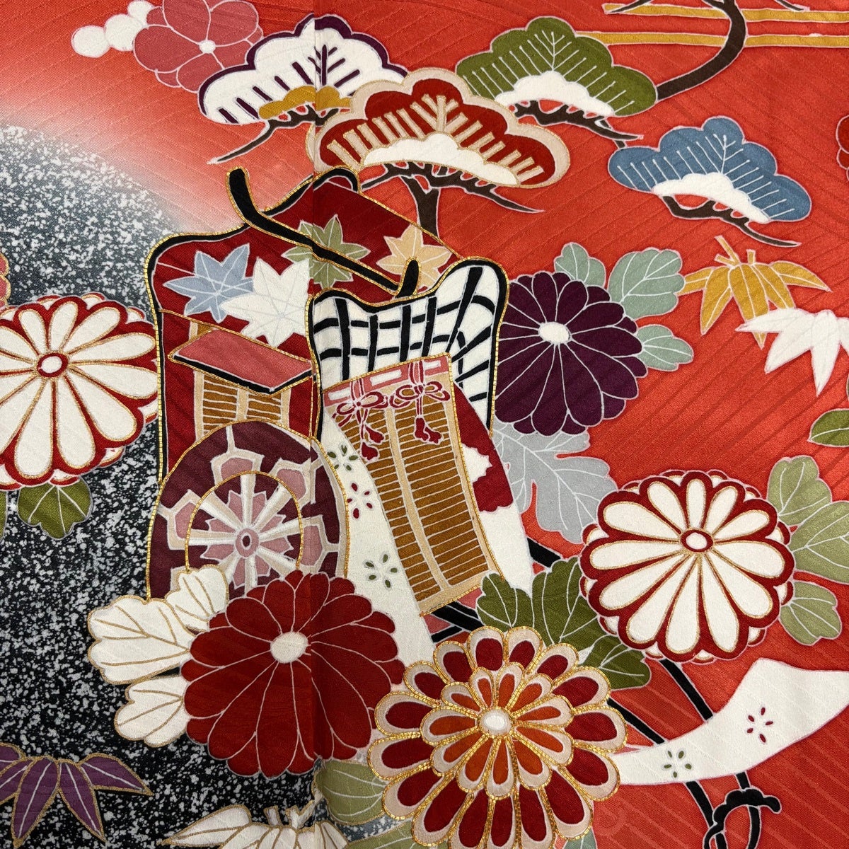 振袖 身丈168.5cm 裄丈68cm L 袷 御所車 松竹梅 金糸 金彩 朱色 正絹