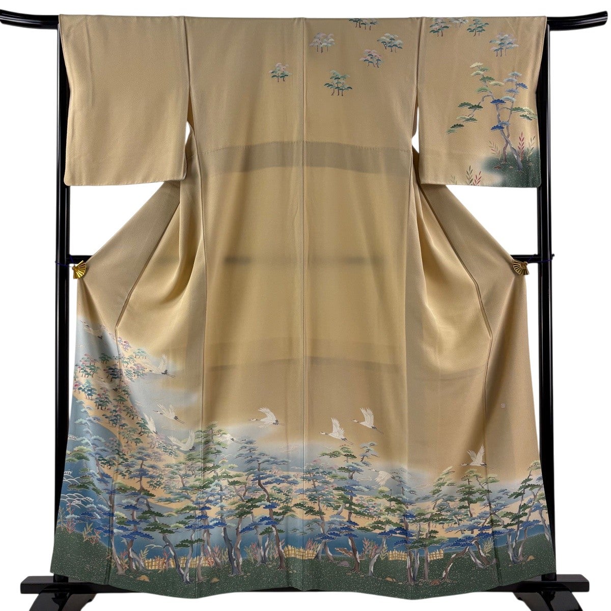 訪問着 身丈161.5cm 裄丈65cm M 袷 落款あり 枝花 霞 螺鈿 金彩 薄緑