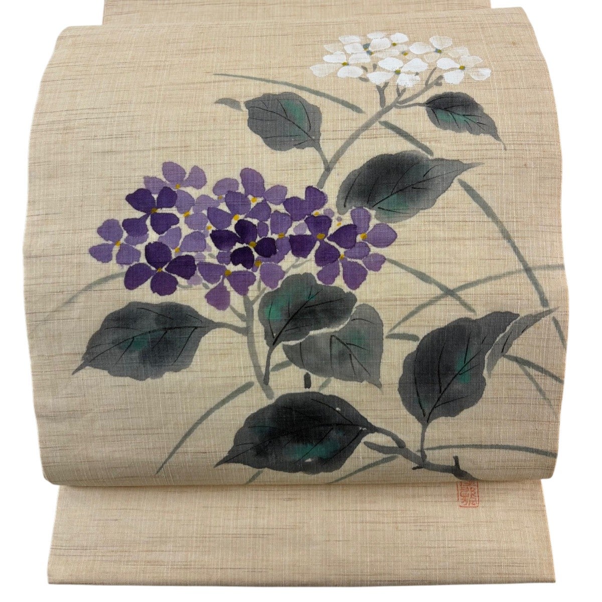 開き名古屋帯 名品 落款あり 夏帯 紫陽花 ベージュ 正絹｜中古・古着