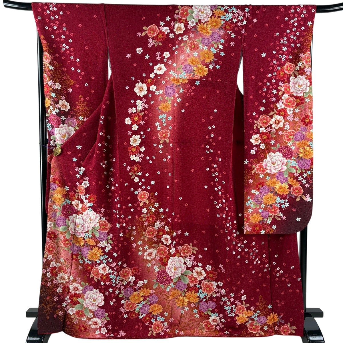 振袖 身丈167.5cm 裄丈68cm L 袷 草花 花唐草 銀通し 箔 赤 正絹 名品