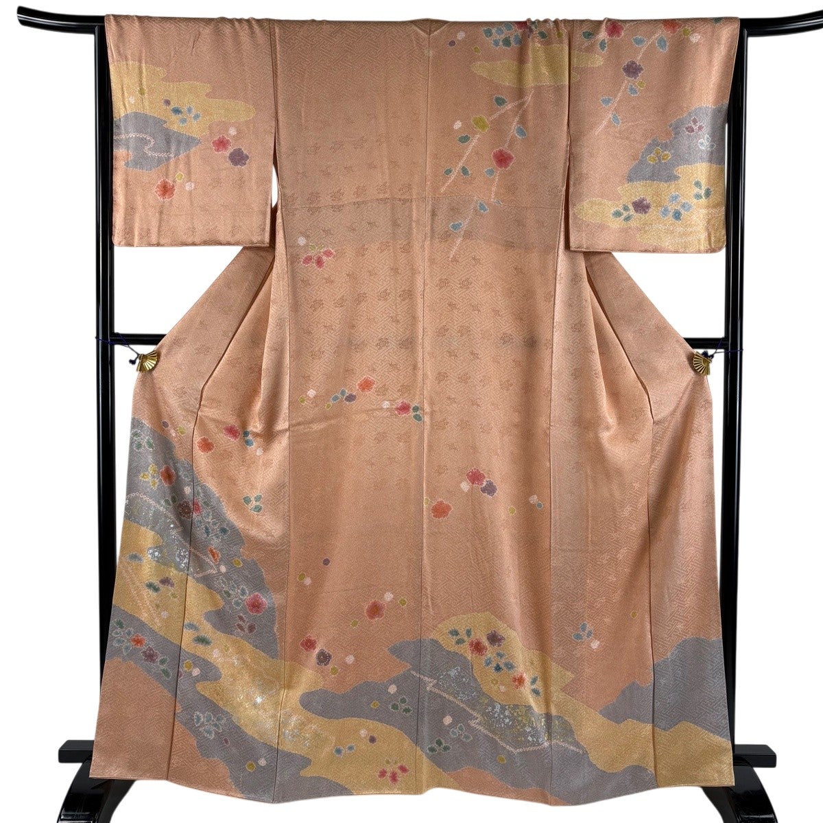 美品】 訪問着 身丈165cm 裄丈67.5cm L 袷 草花 霞 金銀彩 絞り 薄