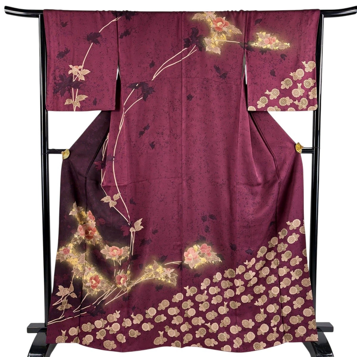 訪問着 身丈166cm 裄丈66.5cm M 袷 牡丹 菊 金彩 紫 正絹 秀品｜中古